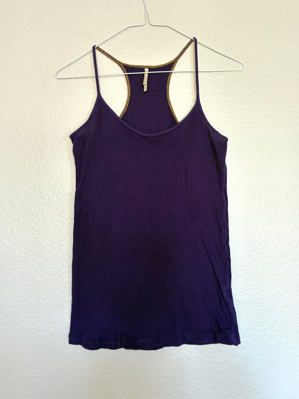 VTG 100% Cotton Active Basic Royal Purple Ribbed Racerback Tank w/ Gold Trim Y2K